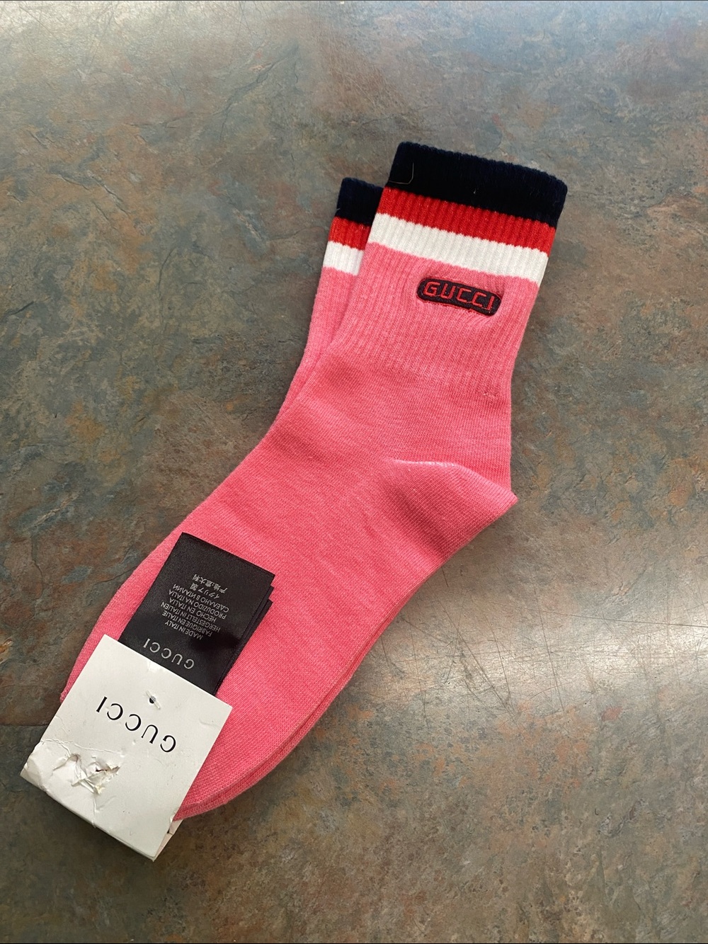 Gucci Knock Off Pink Crew Socks with Navy Red and White Stripes